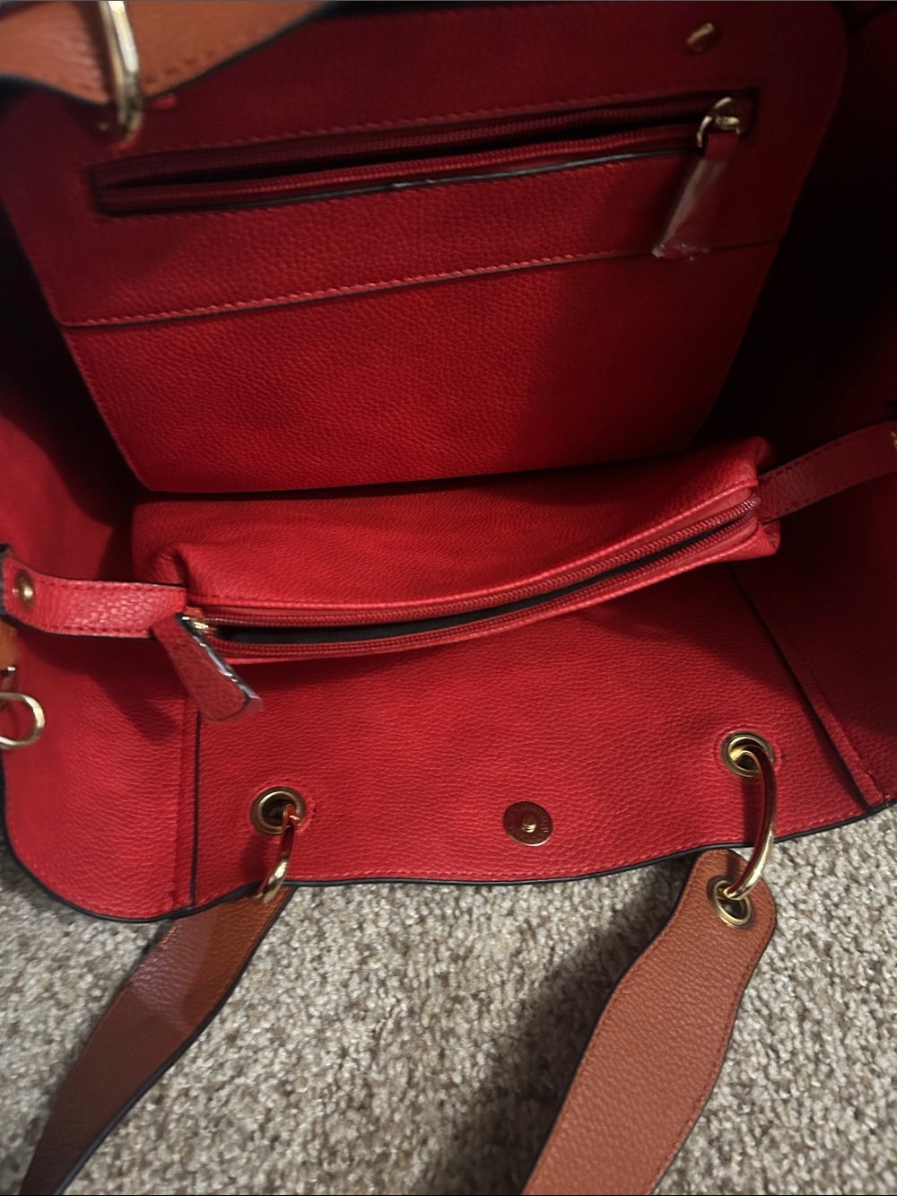 Unlisted Brown Pebbled Tote with Red Interior and Gold Ring Handles - Picture 5 of 5